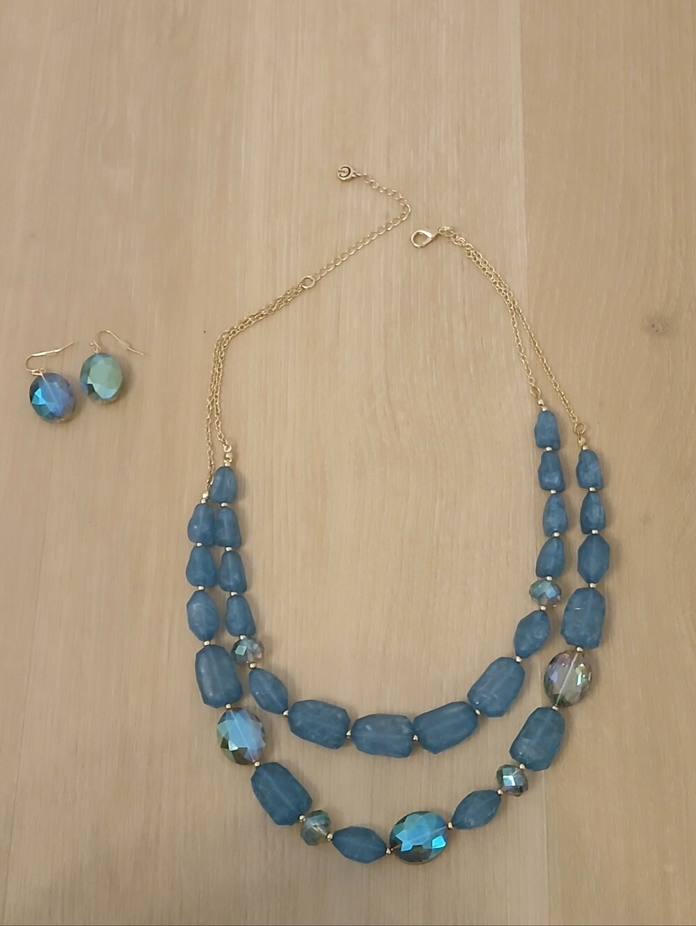 Gold-Tone Double Strand Necklace with Blue Beads